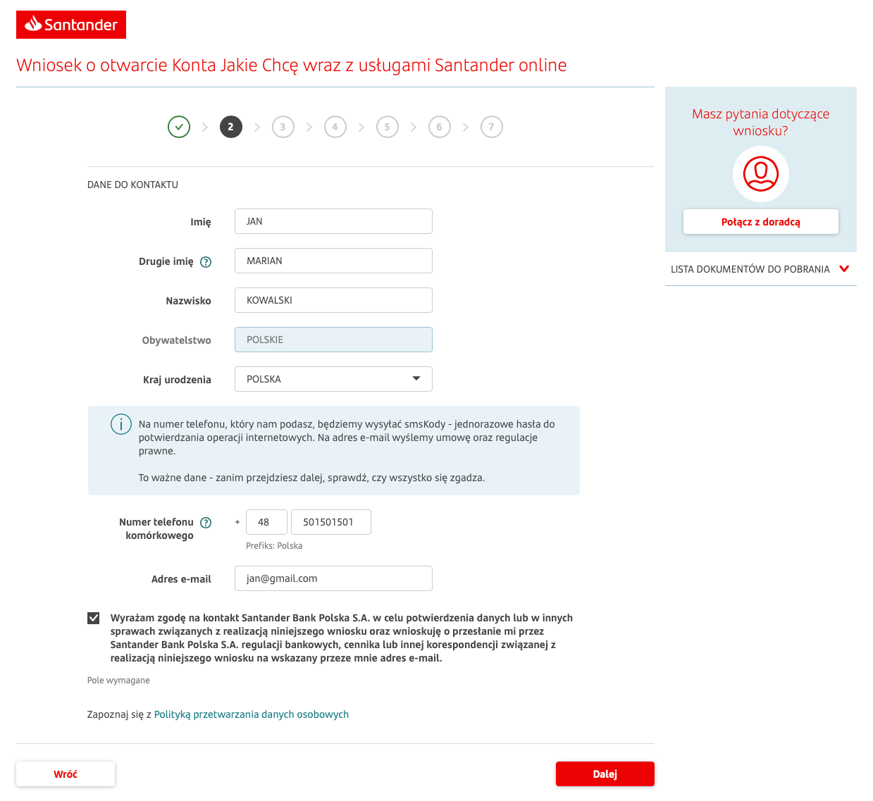 Jak założyć konto w Santander - Krok 2.