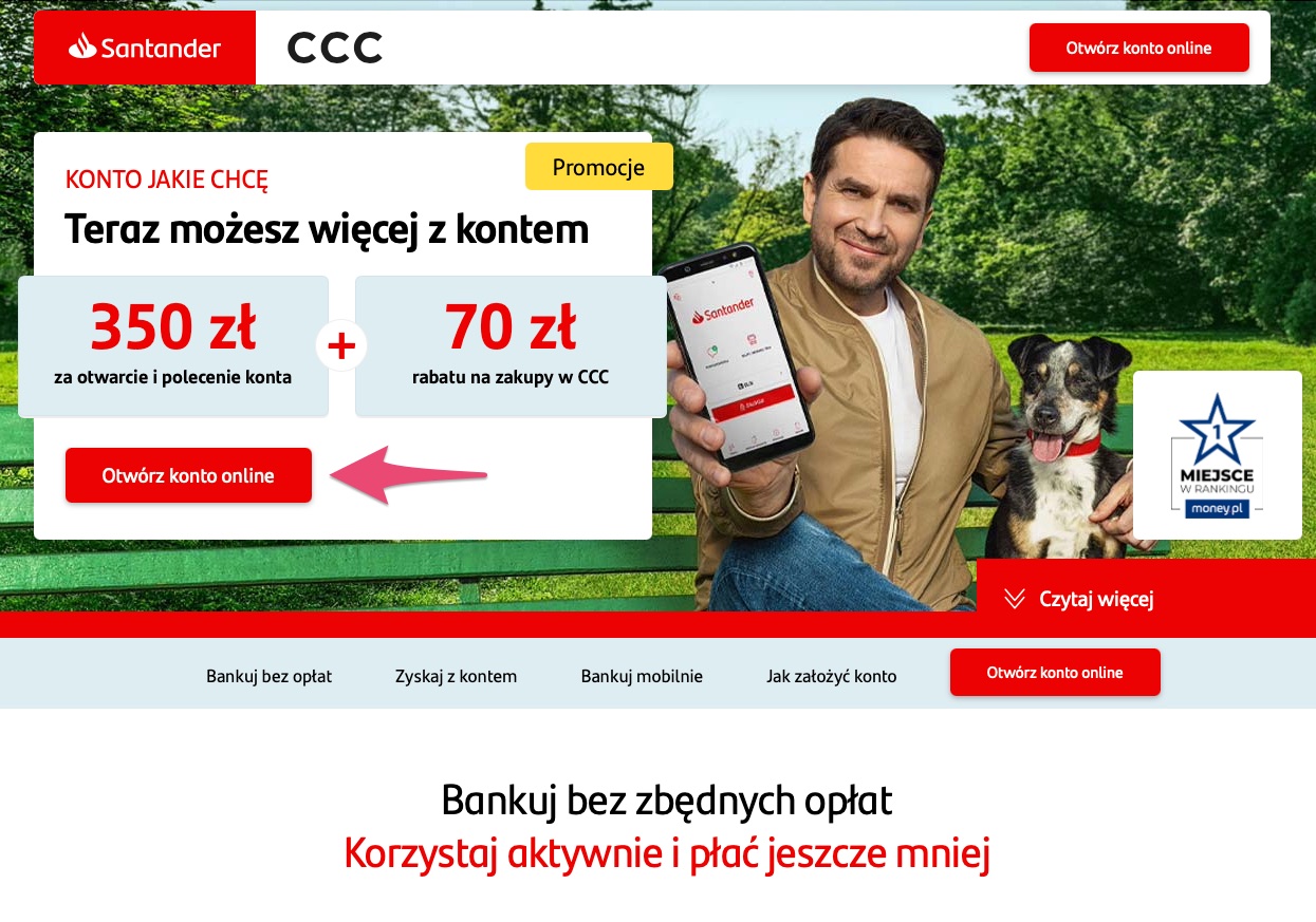 Jak założyć konto w Santander - Strona wniosku